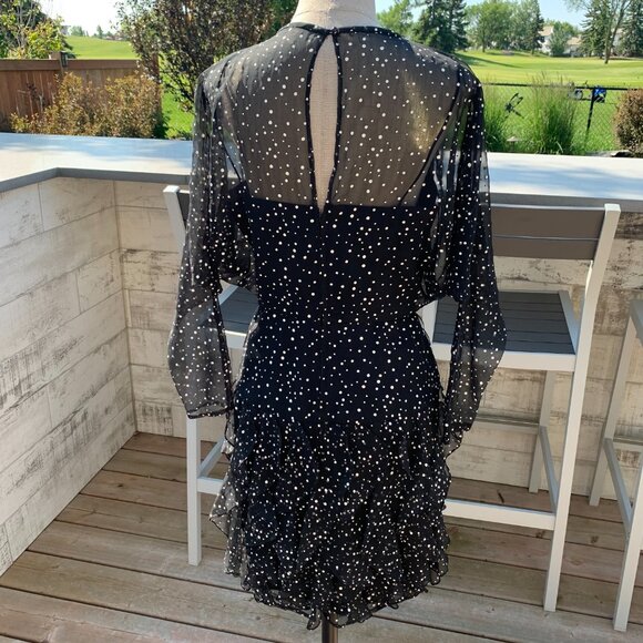 Vintage 80s 90s Sheer Polka Dot Overlay Tiered Ruffle Skirt Dolman Sleeve Dress - Picture 7 of 16